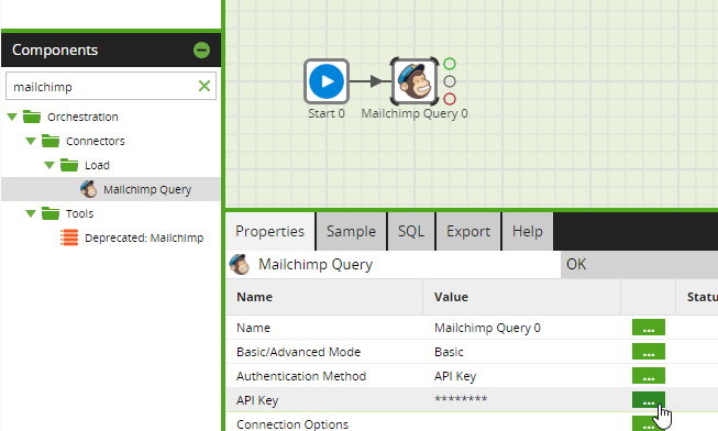 Open Mailchimp Query connector properties